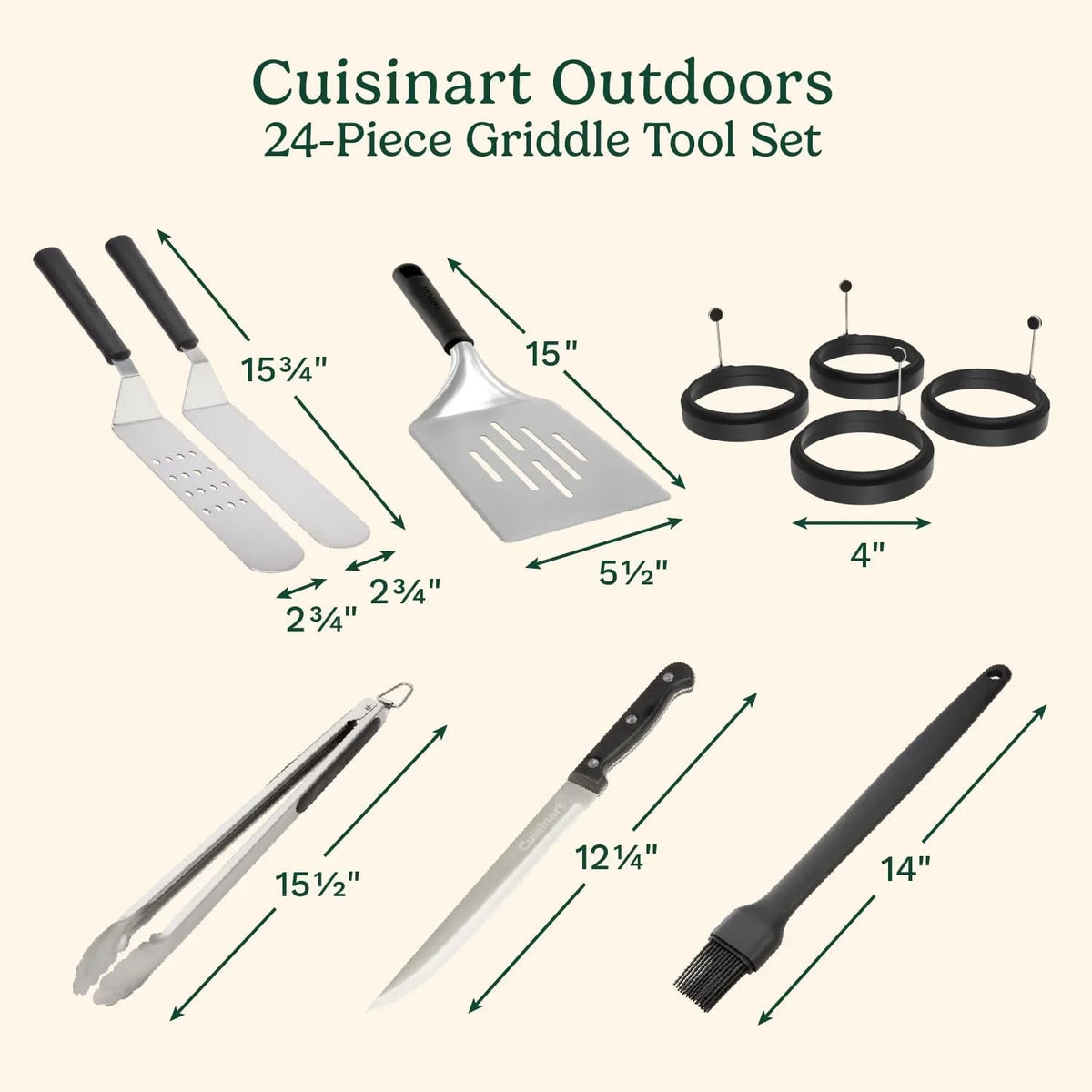 Cuisinart 24-Piece Griddle Tool Set with Storage Tote, Stainless Steel Flat Top Grill Accessories with Spatulas, Melting Dome, Smash Burger Press, Scraper & Tongs, Perfect for BBQ, Tailgates, Camping