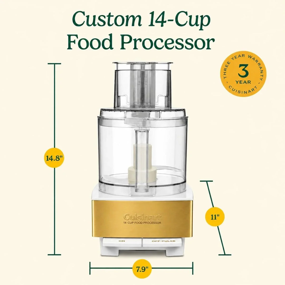 Cuisinart Food Processor 14-Cup Vegetable Chopper for Mincing, Dicing, Shredding, Puree & Kneading Dough, White/Gold Stainless Steel, DFP-14WGY