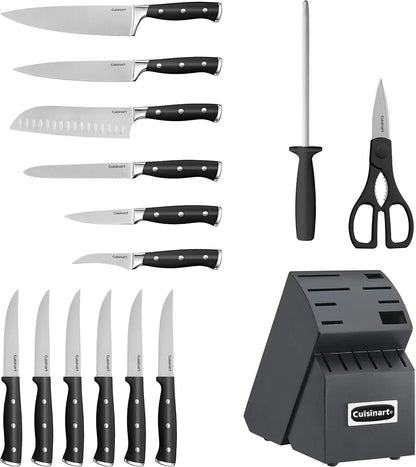 Cuisinart 15-Piece Knife Set with Block, High Carbon Stainless Steel, Forged Triple Rivet (Black/Black)